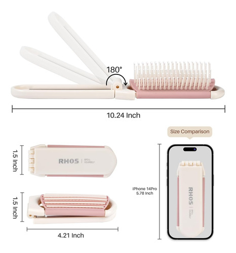 Rhos Cepillo Plegable Con Espejo Para Mujeres, Mini Cepillo