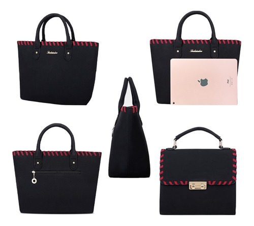 Imagen 4 de 9 de Set 5 Bolsas Dama Mujer Cosmetiquera Cuero Bandolera Tote