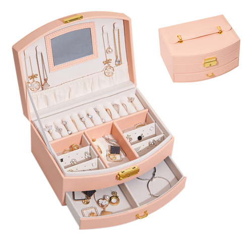 Caja Organizadora Joya Lujo Color Rosa Cerradura Espejo Piel