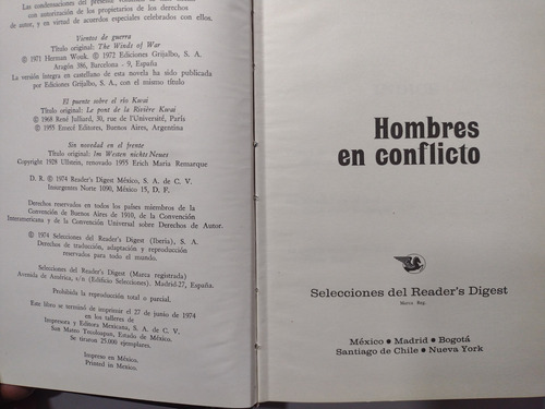 Libro Hombres En Conflicto- Sel Reader's Digest Novelas 1974 (Usado)