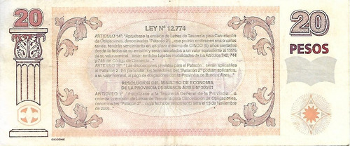 Bono 20 Pesos Patacones Argentina 2001 Mb- Ec# 222 (Usado)