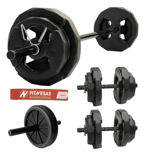 Barra + 2 Mancuernas + 24 Kg En Discos Con Manija Kit Set