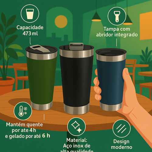 Copo Térmico Cerveja Chopp Café Com Tampa Abridor Inox 473ml