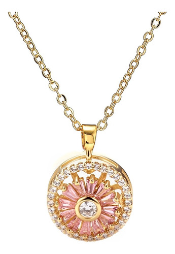 Collar Para Mujer Flor Giratorio Rosado Joya Acero Dorado