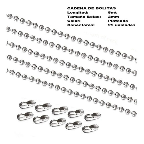 5mt Cadena De Bolitas De 2.0mm + 25 Conectores 