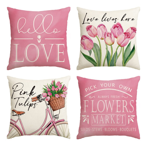 Fundas De Almohada Diseño Tulipanes Rosados, Flores Primaver