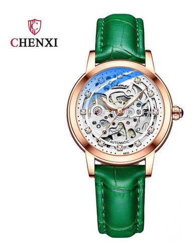 Reloj Mecánico De Cuero Con Diamantes Chenxi Color De La Correa Verde