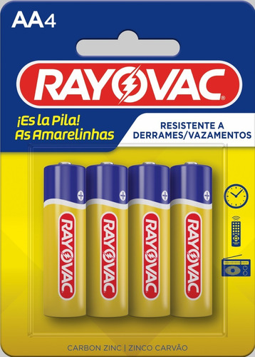 04 Pilhas Aa Amarelinha Zinco Rayovac 1 Cartela C/ 4 Unid