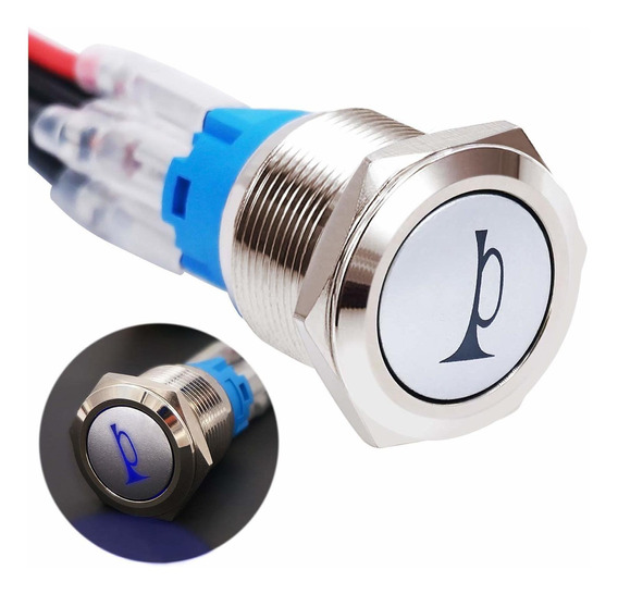 Twidec/19MM Flat Speaker Horn Momentary Push Button Switch 3/4 Mounting Hole 12V Blue Led Light Silver Stainless Steel Shell 1NO 1NC SPDT with Pre-wiring Wires Switch For Car Modification P19LB-BU 