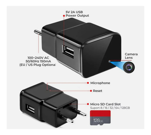 Camara Espia Cargador Usb Wifi P2p Ip Fullhd 1080p Max 32gb Video 24hrs/7 App Android Y iPhone De Gogo Electronics Color Negro