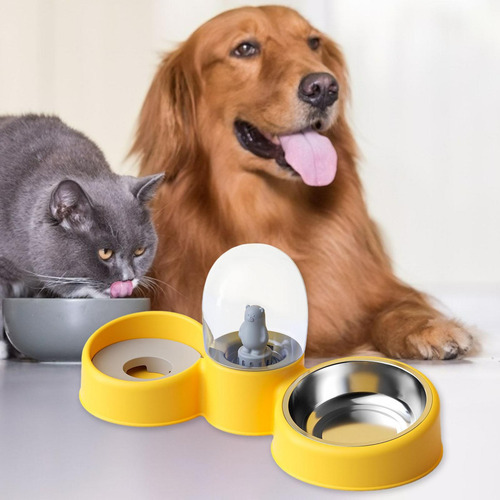 Cuencos Para Perros Y Gatos 2 En 1, Dispensador Amarillo