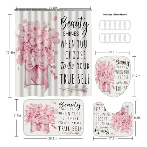 Conjunto De Cortina De Baño Y Tapetes De Moda Rosa De 4 Pie