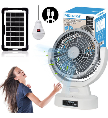 Ventilador Solar Recargable De Mesa + 1 Focos + Panel Sola
