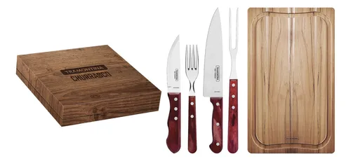 Kit para Churrasco Tramontina com Lâminas em Aço Inox e Cabos em Madeira Polywood Vermelho com Caixa de Papelão 15 Peças