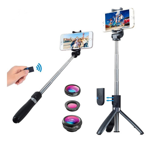 Kit Monopod Bastão Selfie Com Tripé + Bluetooth + 3 Lentes