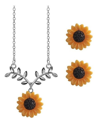 Collar Aretes Gargantilla Dije Girasol Color Oro Para Mujer