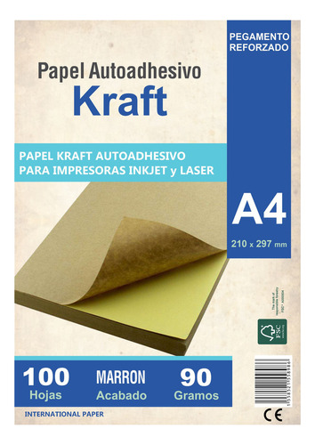 Papel Kraft Misionero Autoadhesivo A4 80g X 100 Madera Resma