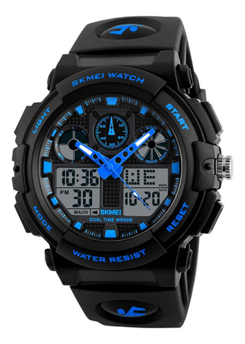 Reloj pulsera Skmei análogo digital 1270 de cuerpo color negro, analógico-digital, para hombre, fondo negro, con correa de poliuretano color negro, agujas color azul y blanco, dial azul, subesferas color gris y negro, minutero/segundero azul, bisel color negro, luz celeste y hebilla simple