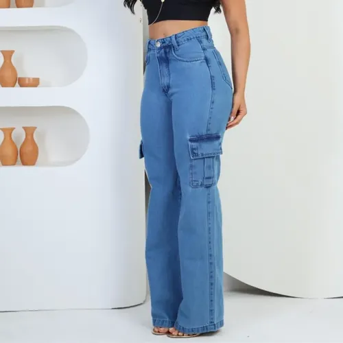 Calça Jeans Feminina Cargo Levanta Bumbum Cintura Alta