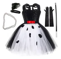 Comprar Disfraz De Halloween De Cruella De Bruja Blanca Y Negra, Conjunto De Disfraz De Cosplay, Falda Tutú Para Niñas De Pequeña Bruja Del Diablo, 5 Uds.