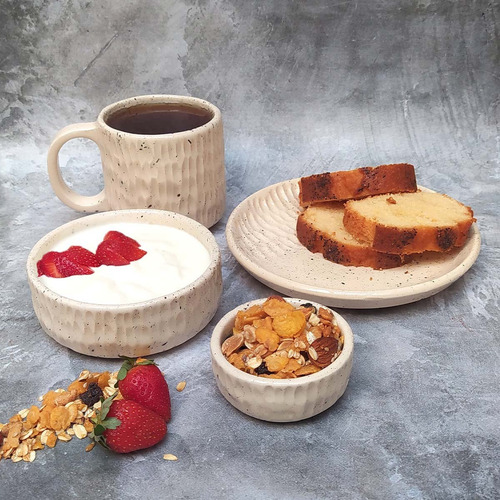 Set Desayuno Taza Cuencos Y Platito Ceramica Artesanal