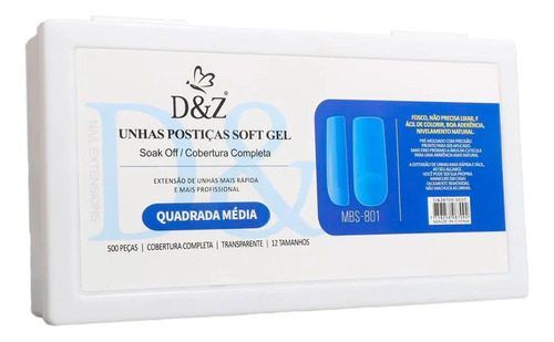 Caixa Unha Postiça Soft Gel D&z Quadrada Medium Transparente