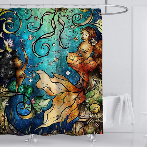 Cortina De Ducha Impermeable Sirena Con Ganchos