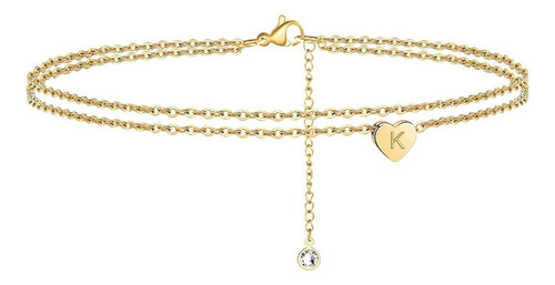 Pulsera K Heart Initial Beach Tobillo Para Mujer, Oro De 14