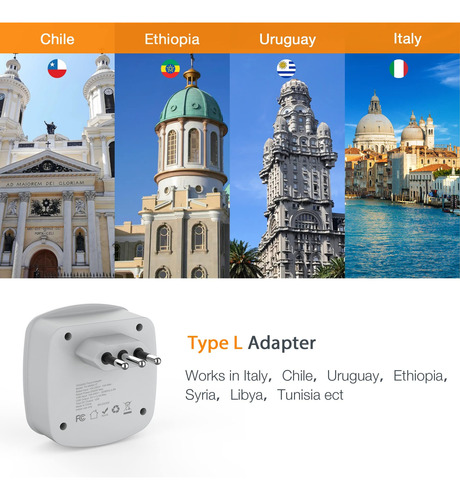 Adaptador De Enchufe De Viaje Tessan Italy Tipo L Con 2 Carg