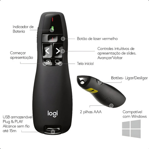 Apresentador Sem Fio Logitech R400 Com Laser Usb Alcance 15m