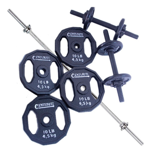 Pesas Set Barra Recta Mancuernas Polietileno Discos 50 Lbs Color Negro