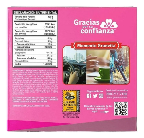 9 Pzas Barra De Avena Granvita Con Cereales, Fresas Y Sabor