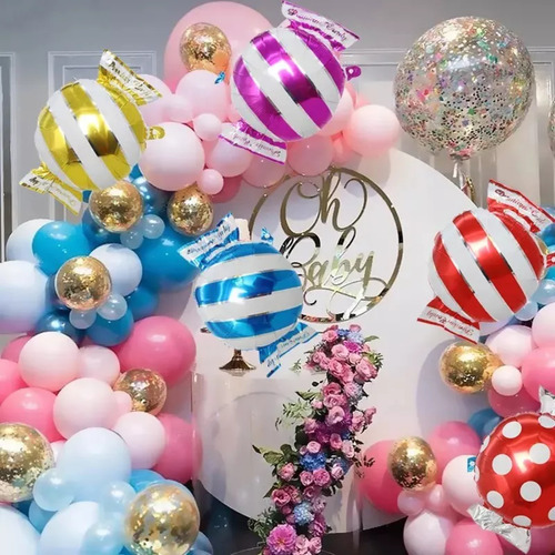 Kit 04 Balão Bala Listrada Mix De Cores Decoração Festa 45cm Cor Coloridas Balas Listradas