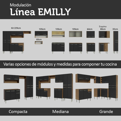 Cocina Integral Completa Madesa Emilly Fit Con Tarja Rn Color Marrón/Negro