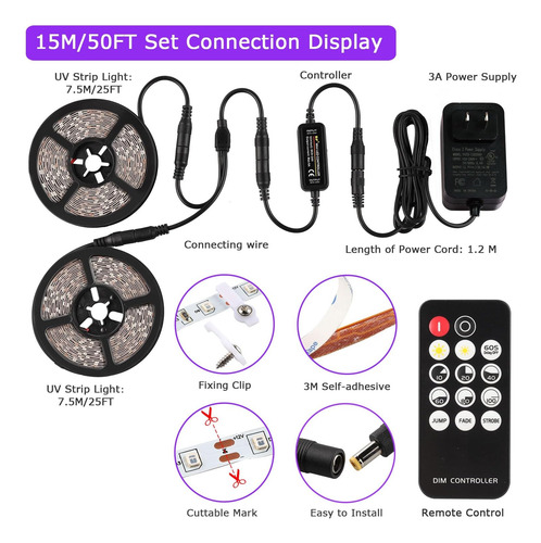 Tiras De Luz Negra De 50 Pies De 50 Pies Y Remotos, 900 Led
