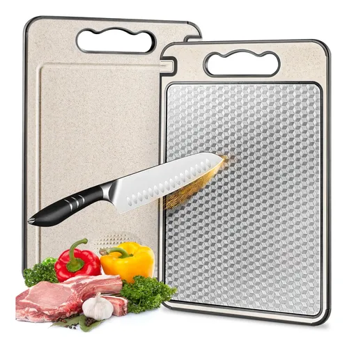 Tabua De Corte Para Cozinha Dupla Face Corte Inox E Palha Dupla Face