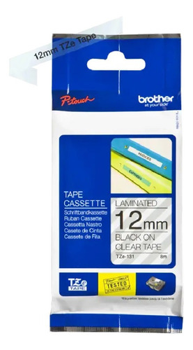 Cinta Laminada Brother Tze-131 12mm Transparente Letras Ngro