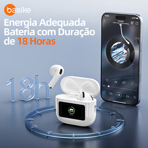 Fone De Ouvido Bluetooth Sem Fio Tws In-ear Tela Touch Lcd Cor Branco Basike