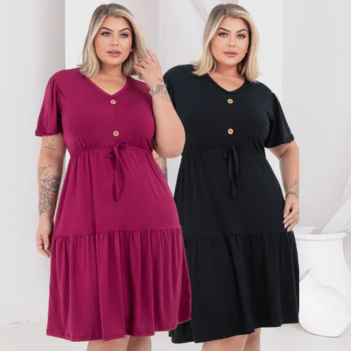 Kit2 Vestidos Plus Size Midi Viscolycra Com Manga Evangélico - R$ 93,53