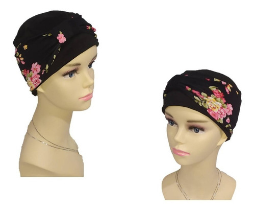 Turbante Gorro Con Banda Dama Oncológico Quimio Algodón Color Negro Con Estampado