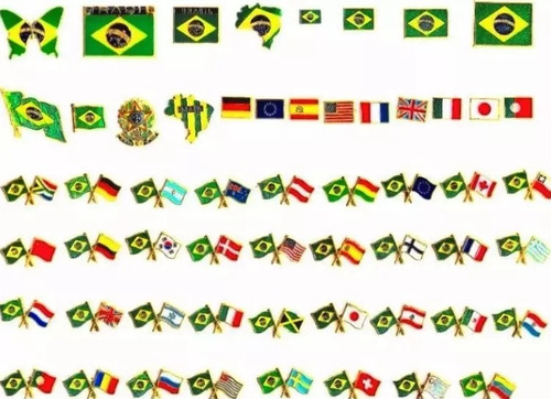 Kit 10 Pins Bótons Variados Brasil Bandeira Folheados Ouro 