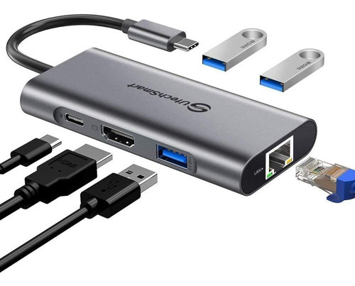 Hub Usb C Utechsmart 6 En 1 Hdmi, Lan, Usb 3.0, Usb C, Gris