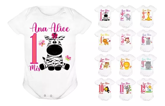 Kit 12 Body Mesversário Safari Baby Menina Animal Nome R2276