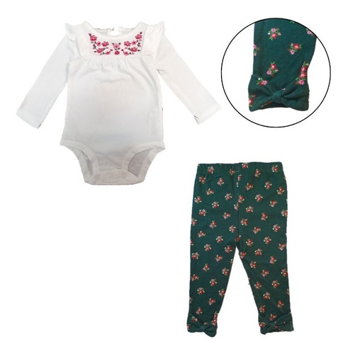 Conjunto Body Calza Bebe Carters Manga Larga Bordado Flores 