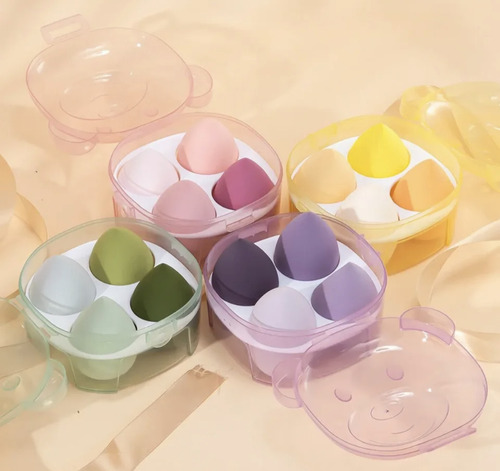 Set Esponjas De Maquillaje Borlas Con Estuche Osito Kawaii