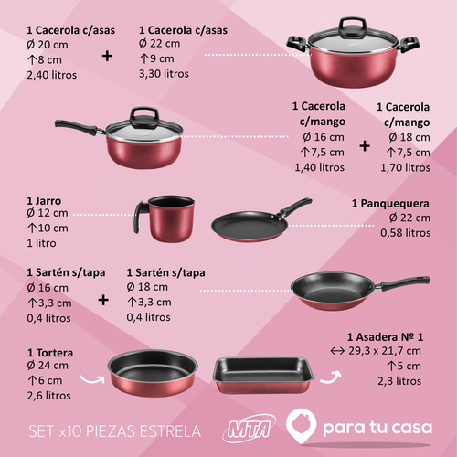 Imagen 2 de 10 de Batería Cocina Olla Aluminio Teflón 10 Piezas Estrela Mta