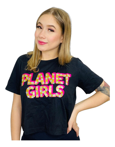 Blusa Cropped Preto Planet Girls Logo Estrelado Original