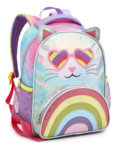 Mochila Escola Passeio Gatinha Arco-íris Infantil Bolsa Rosa