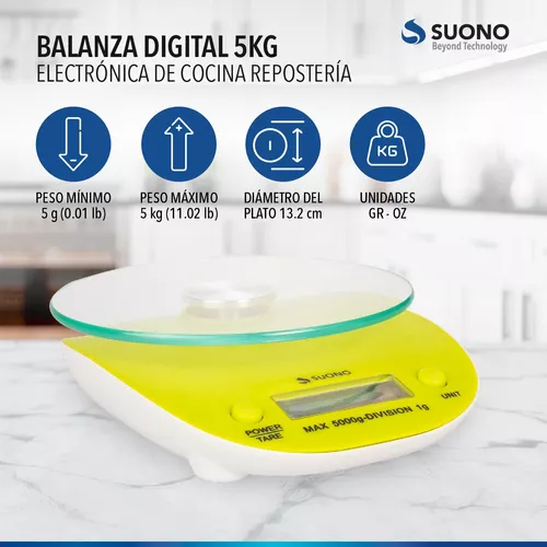 Báscula digital para cocina, 5 kg, plato de vidrio