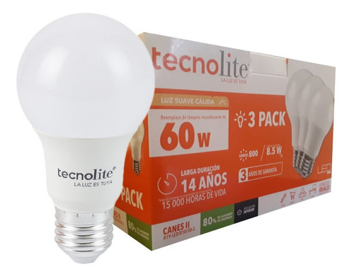 Foco Led Para Casa 3 A19 Tecnolite 8.5w Luz Cálida 3000k